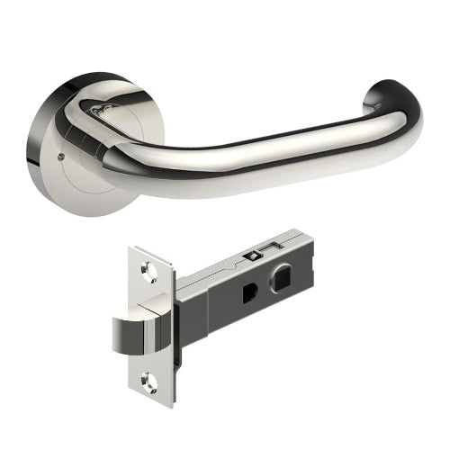 SAFETY Door Handles on Ø52mm Integrated Privacy Rose inc. Latch in Polished Stainless Steel