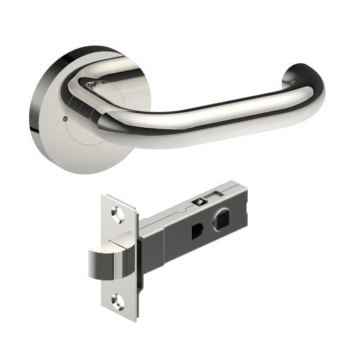 SAFETY Door Handles on Ø65mm Integrated Privacy Rose inc. Latch in Polished Stainless Steel