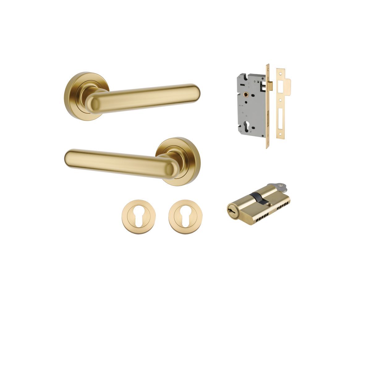 Door Lever Puerto Rose Round Brushed Gold PVD Key / Key Entrance Kit in Brushed Gold PVD
