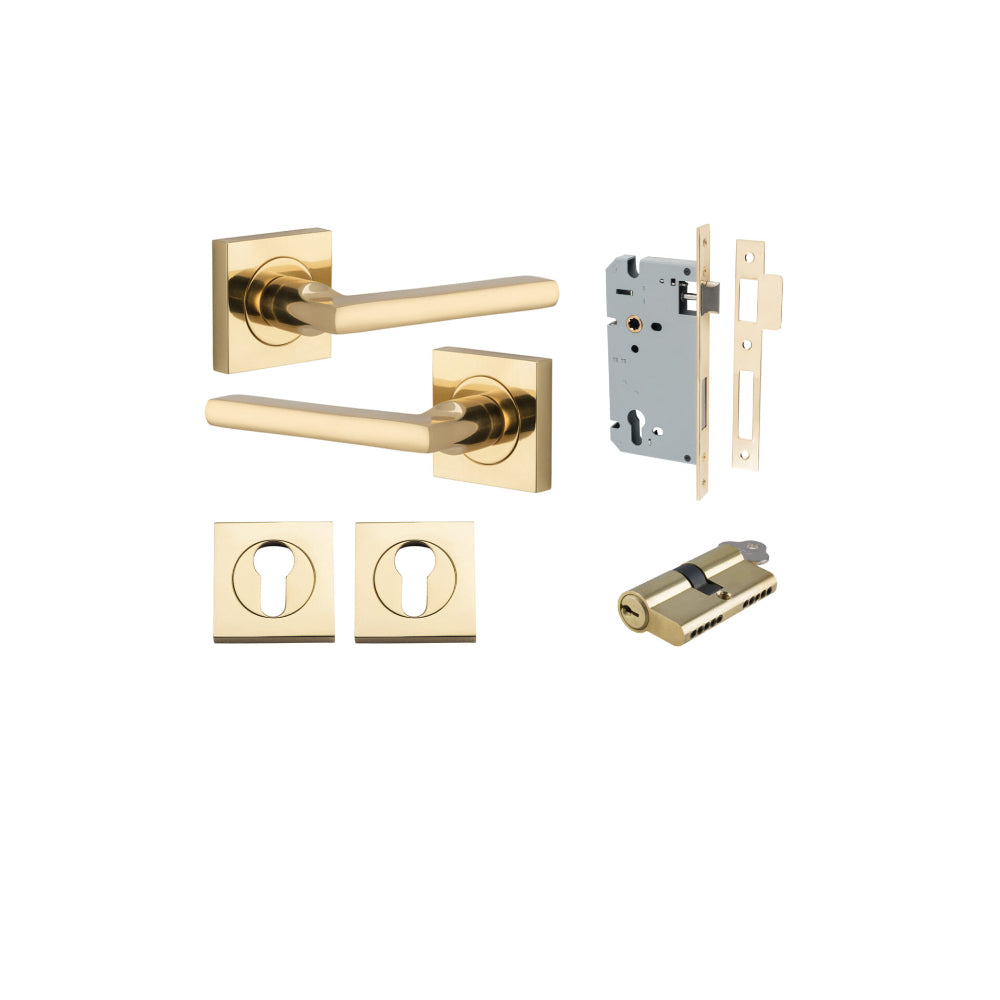 Door Lever Baltimore Square Rose Pair Polished Brass H52xW52xP55mm Entrance Kit, Mortice Lock Euro Polished Brass CTC85mm Backset 60mm, Euro Cylinder Dual Function 5 Pin Polished Brass L65mm KA1, Escutcheon Euro Concealed Fix Square Pair Polished … in Polished Brass