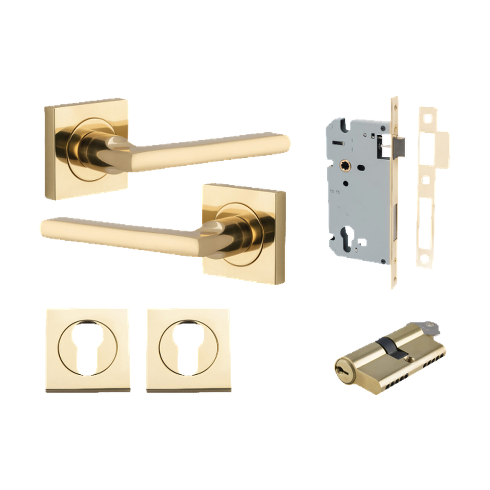 Door Lever Baltimore Square Rose Pair Polished Brass H52xW52xP55mm Entrance Kit, Mortice Lock Euro Polished Brass CTC85mm Backset 60mm, Euro Cylinder Dual Function 5 Pin Polished Brass L65mm KA1, Escutcheon Euro Concealed Fix Square Pair Polished … in Polished Brass