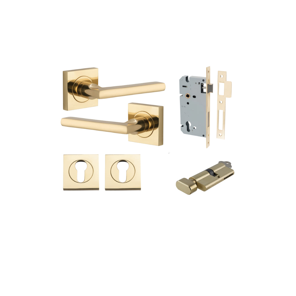 Door Lever Baltimore Square Rose Pair Polished Brass H52xW52xP55mm Entrance Kit, Mortice Lock Euro Polished Brass CTC85mm Backset 60mm, Euro Cylinder Key Thumb 6 Pin Polished Brass L70mm KA1, Escutcheon Euro Concealed Fix Square Pair Polished Bras… in Polished Brass