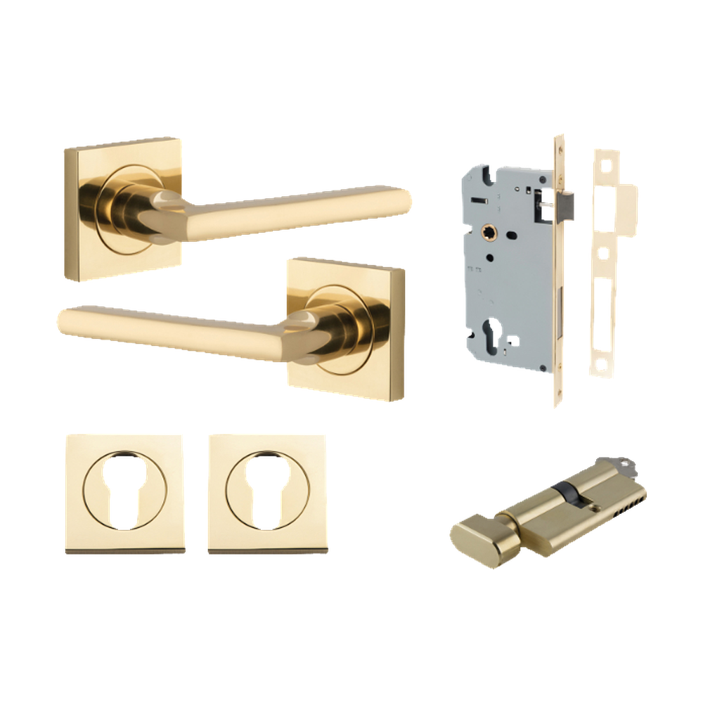 Door Lever Baltimore Square Rose Pair Polished Brass H52xW52xP55mm Entrance Kit, Mortice Lock Euro Polished Brass CTC85mm Backset 60mm, Euro Cylinder Key Thumb 6 Pin Polished Brass L70mm KA1, Escutcheon Euro Concealed Fix Square Pair Polished Bras… in Polished Brass