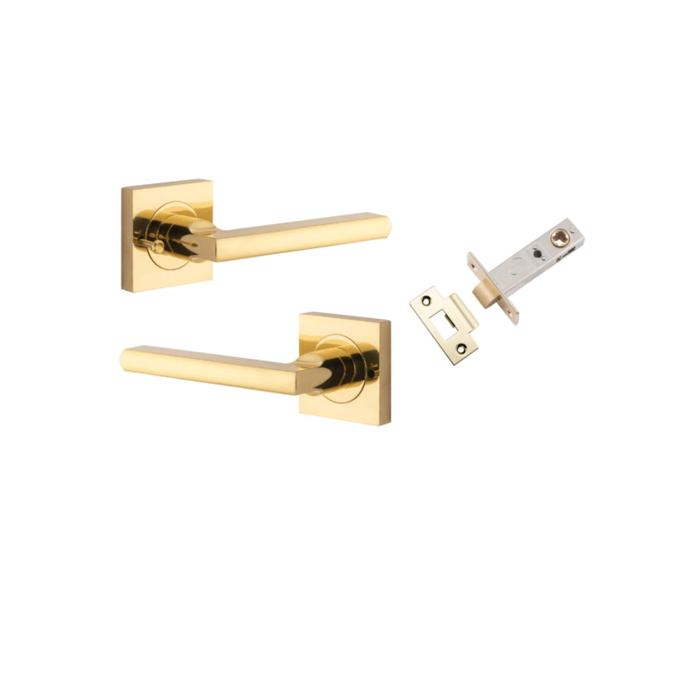 Pair of Iver Baltimore lever door handles on square rose, featuring a sleek finish and modern design for interior doors.