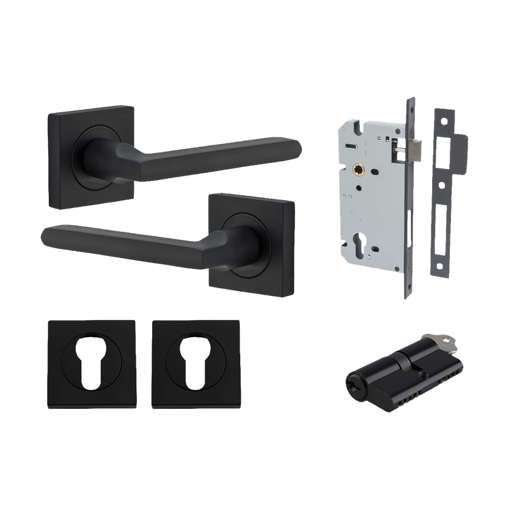 Door Lever Baltimore Square Rose Pair Matt Black H52xW52xP55mm Entrance Kit, Mortice Lock Euro Matt Black CTC85mm Backset 60mm, Euro Cylinder Dual Function 5 Pin Matt Black L65mm KA1, Escutcheon Euro Concealed Fix Square Pair Matt Black H52xW52xP10mm in Matt Black