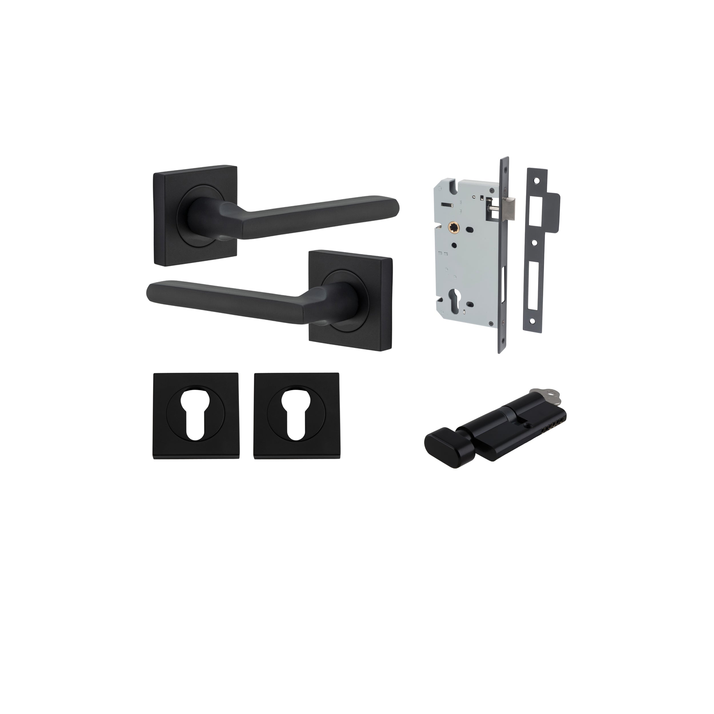 Door Lever Baltimore Square Rose Pair Matt Black H52xW52xP55mm Entrance Kit, Mortice Lock Euro Matt Black CTC85mm Backset 60mm, Euro Cylinder Key Thumb 6 Pin Matt Black L70mm KA1, Escutcheon Euro Concealed Fix Square Pair Matt Black H52xW52xP10mm in Matt Black