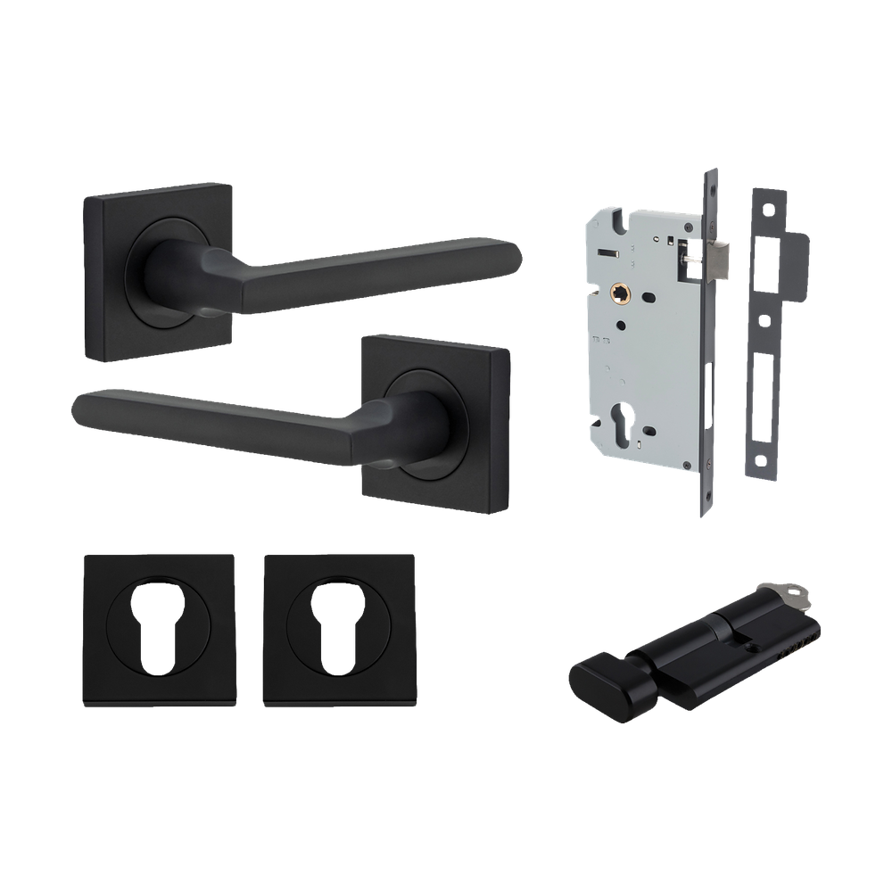 Door Lever Baltimore Square Rose Pair Matt Black H52xW52xP55mm Entrance Kit, Mortice Lock Euro Matt Black CTC85mm Backset 60mm, Euro Cylinder Key Thumb 6 Pin Matt Black L70mm KA1, Escutcheon Euro Concealed Fix Square Pair Matt Black H52xW52xP10mm in Matt Black