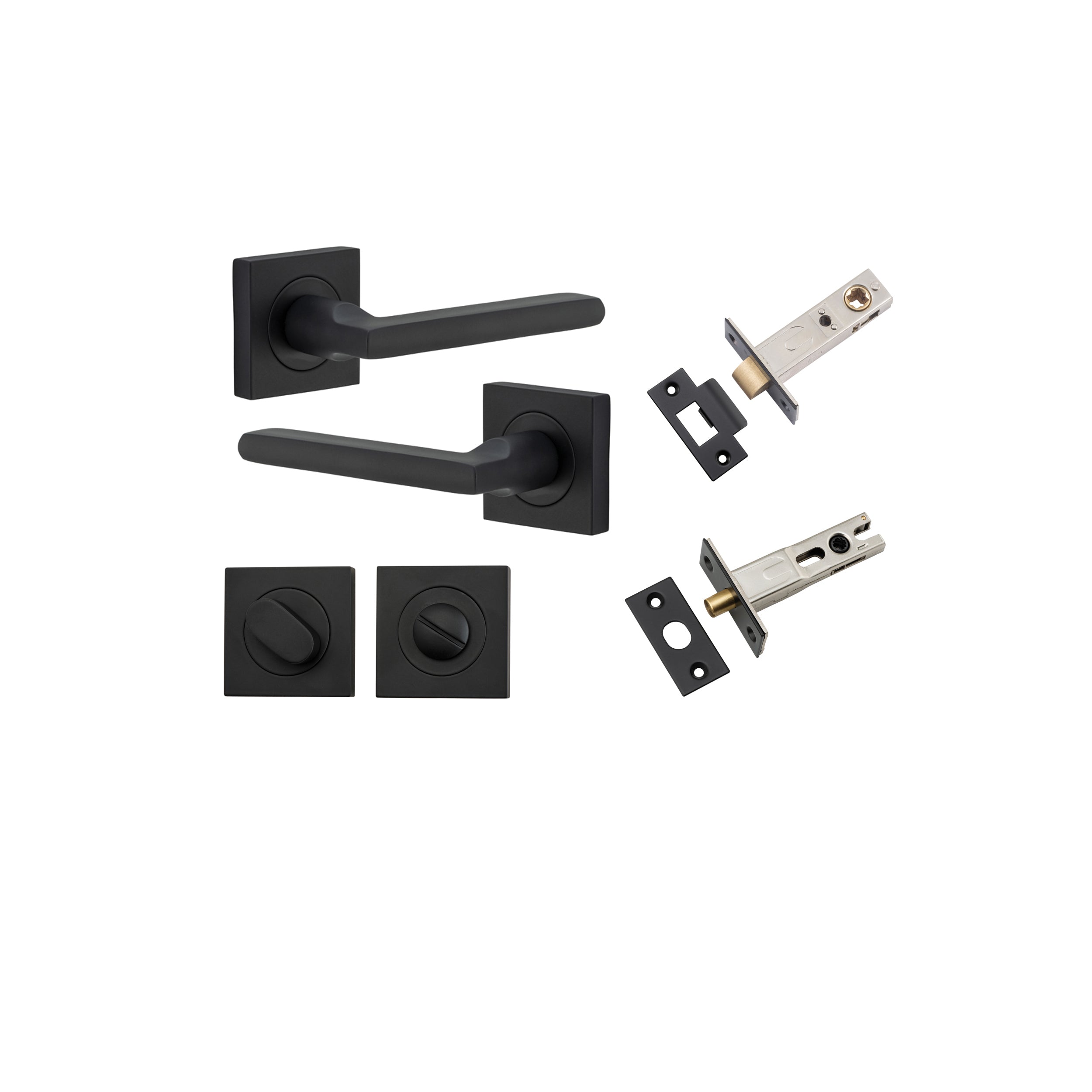 Door Lever Baltimore Square Rose Pair Matt Black H52xW52xP55mm Privacy Kit, Tube Latch Split Cam 'T' Striker Matt Black Backset 60mm, Privacy Bolt Round Bolt Matt Black Backset 60mm, Privacy Turn Oval Concealed Fix Square Matt Black H52xW52xP23mm in Matt Black