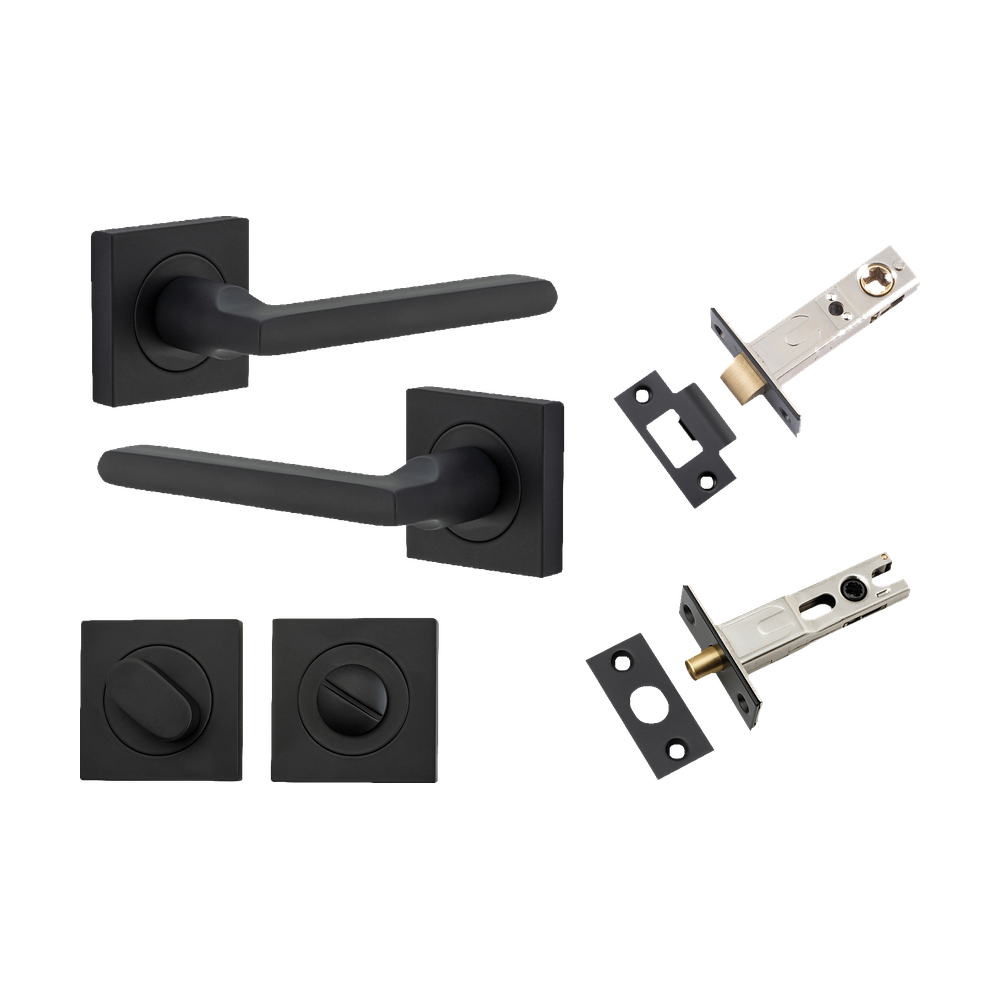 Door Lever Baltimore Square Rose Pair Matt Black H52xW52xP55mm Privacy Kit, Tube Latch Split Cam 'T' Striker Matt Black Backset 60mm, Privacy Bolt Round Bolt Matt Black Backset 60mm, Privacy Turn Oval Concealed Fix Square Matt Black H52xW52xP23mm in Matt Black