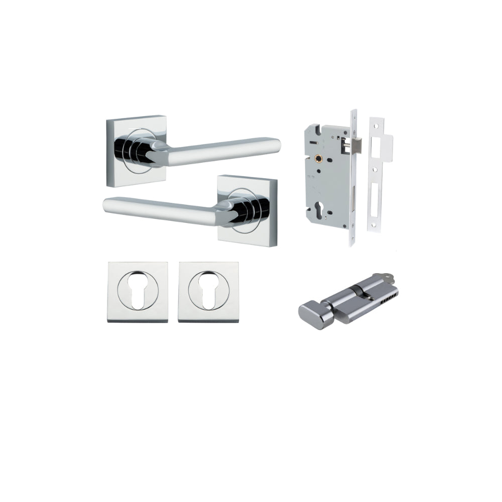 Door Lever Baltimore Square Rose Pair Polished Chrome H52xW52xP55mm Entrance Kit, Mortice Lock Euro Polished Chrome CTC85mm Backset 60mm, Euro Cylinder Key Thumb 6 Pin Polished Chrome L70mm KA1, Escutcheon Euro Concealed Fix Square Pair Polished C… in Polished Chrome