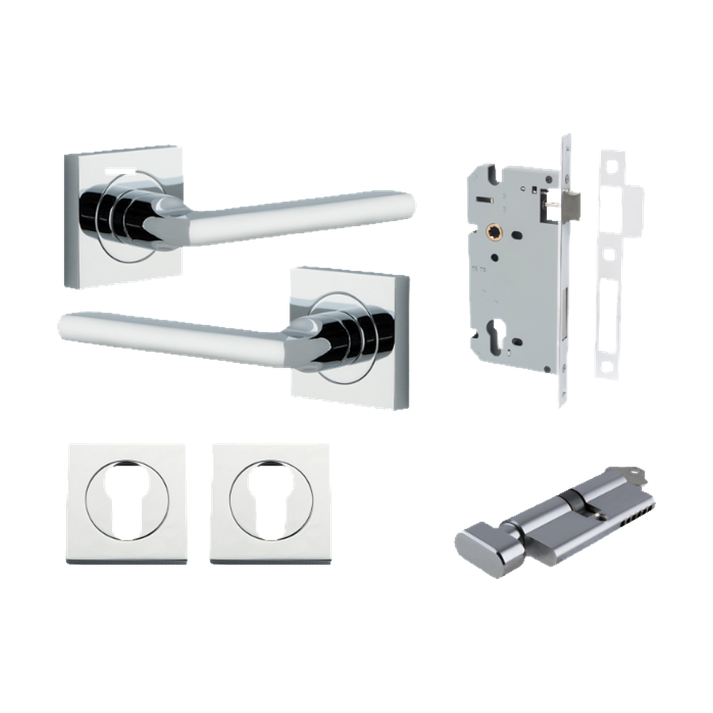 Door Lever Baltimore Square Rose Pair Polished Chrome H52xW52xP55mm Entrance Kit, Mortice Lock Euro Polished Chrome CTC85mm Backset 60mm, Euro Cylinder Key Thumb 6 Pin Polished Chrome L70mm KA1, Escutcheon Euro Concealed Fix Square Pair Polished C… in Polished Chrome