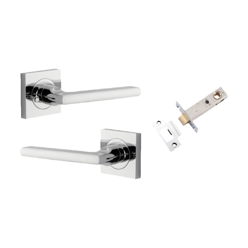 Door Lever Baltimore Square Rose Inbuilt Privacy Pair Polished Chrome H52xW52xP55mm with Tube Latch Privacy with Faceplate & T Striker Backset 60mm in Polished Chrome