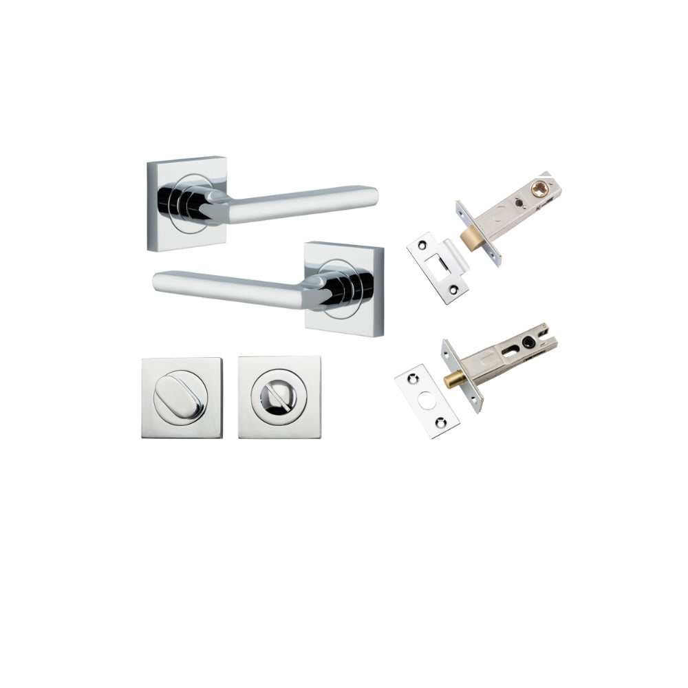 Door Lever Baltimore Square Rose Pair Polished Chrome H52xW52xP55mm Privacy Kit, Tube Latch Split Cam 'T' Striker Polished Chrome Backset 60mm, Privacy Bolt Round Bolt Polished Chrome Backset 60mm, Privacy Turn Oval Concealed Fix Square Polished C… in Polished Chrome