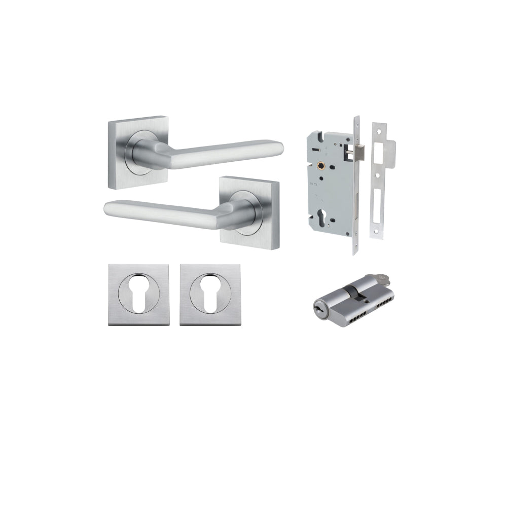 Door Lever Baltimore Square Rose Pair Brushed Chrome H52xW52xP55mm Entrance Kit, Mortice Lock Euro Brushed Chrome CTC85mm Backset 60mm, Euro Cylinder Dual Function 5 Pin Brushed Chrome L65mm KA1, Escutcheon Euro Concealed Fix Square Pair Brushed C… in Brushed Chrome