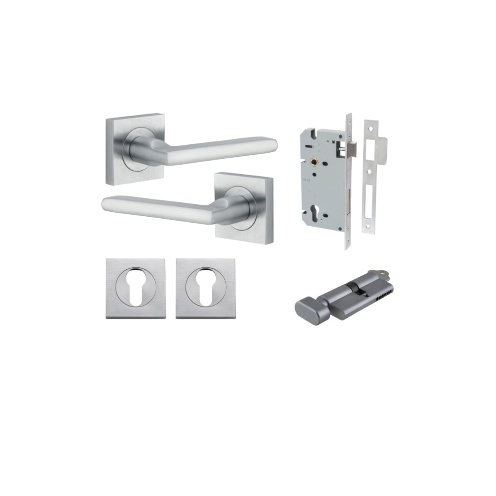 Door Lever Baltimore Square Rose Pair Brushed Chrome H52xW52xP55mm Entrance Kit, Mortice Lock Euro Brushed Chrome CTC85mm Backset 60mm, Euro Cylinder Key Thumb 6 Pin Brushed Chrome L70mm KA1, Escutcheon Euro Concealed Fix Square Pair Brushed Chrom… in Brushed Chrome