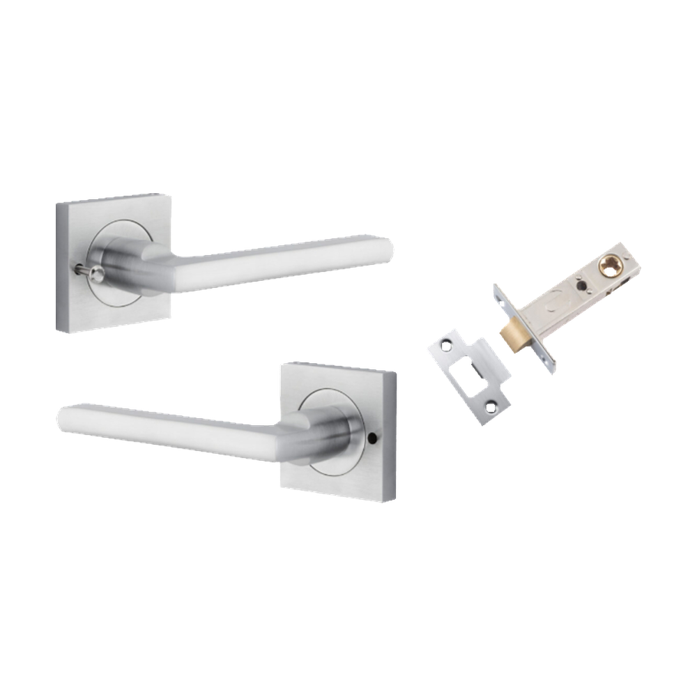 Door Lever Baltimore Square Rose Inbuilt Privacy Pair Brushed Chrome H52xW52xP55mm with Tube Latch Privacy with Faceplate & T Striker Backset 60mm in Brushed Chrome