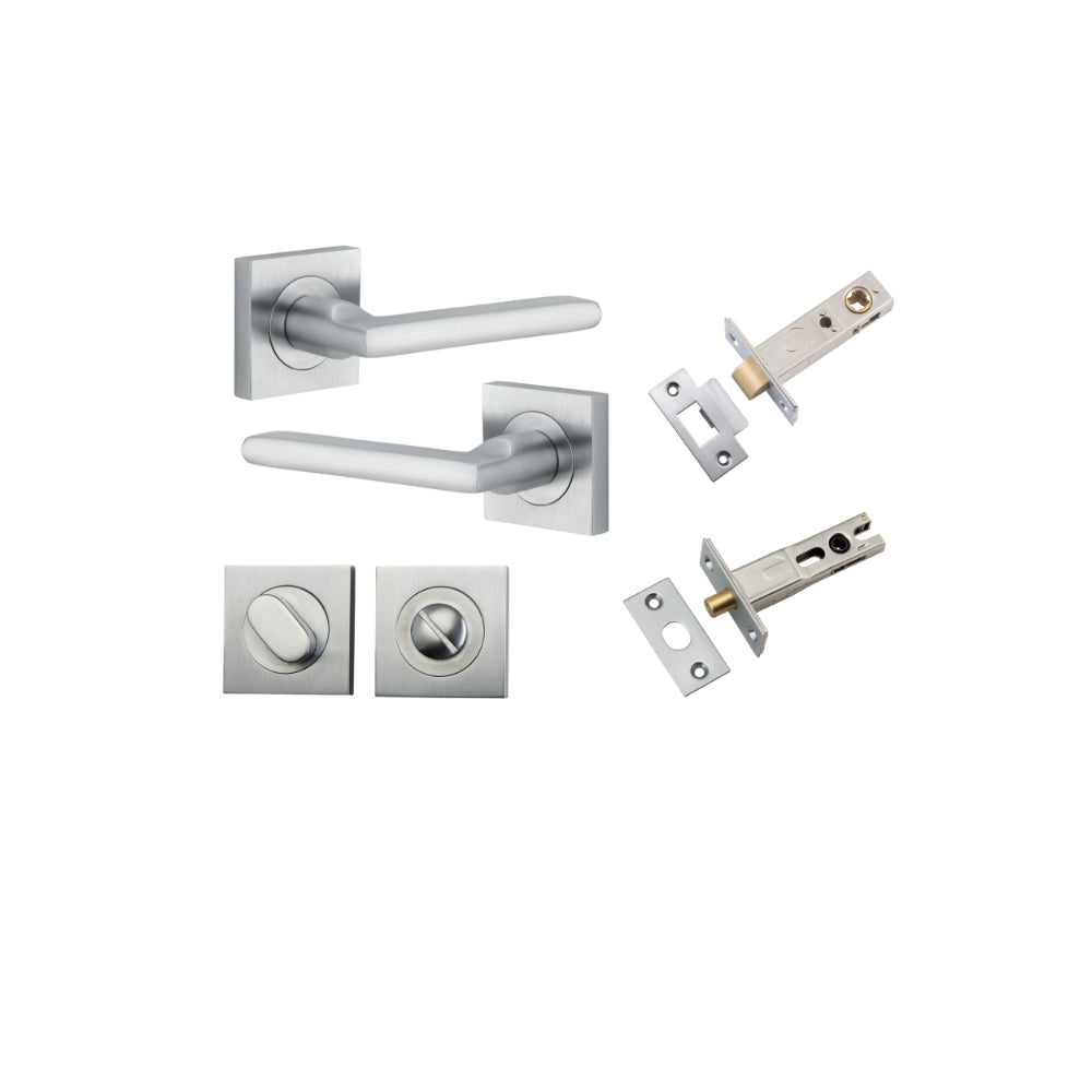 Door Lever Baltimore Square Rose Pair Brushed Chrome H52xW52xP55mm Privacy Kit, Tube Latch Split Cam 'T' Striker Brushed Chrome Backset 60mm, Privacy Bolt Round Bolt Brushed Chrome Backset 60mm, Privacy Turn Oval Concealed Fix Square Brushed Chrom… in Brushed Chrome