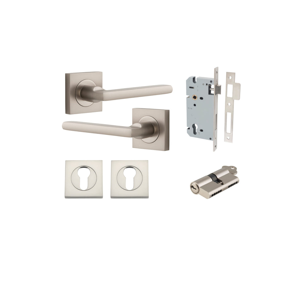 Door Lever Baltimore Square Rose Pair Satin Nickel H52xW52xP55mm Entrance Kit, Mortice Lock Euro Satin Nickel CTC85mm Backset 60mm, Euro Cylinder Dual Function 5 Pin Satin Nickel L65mm KA1, Escutcheon Euro Concealed Fix Square Pair Satin Nickel H5… in Satin Nickel