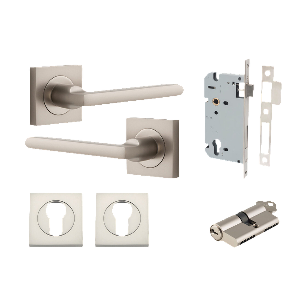 Door Lever Baltimore Square Rose Pair Satin Nickel H52xW52xP55mm Entrance Kit, Mortice Lock Euro Satin Nickel CTC85mm Backset 60mm, Euro Cylinder Dual Function 5 Pin Satin Nickel L65mm KA1, Escutcheon Euro Concealed Fix Square Pair Satin Nickel H5… in Satin Nickel