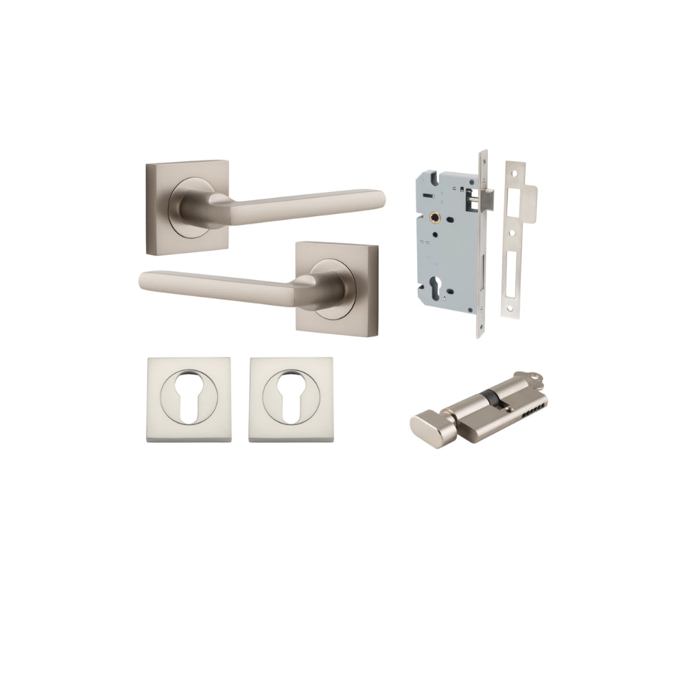 Door Lever Baltimore Square Rose Pair Satin Nickel H52xW52xP55mm Entrance Kit, Mortice Lock Euro Satin Nickel CTC85mm Backset 60mm, Euro Cylinder Key Thumb 6 Pin Satin Nickel L70mm KA1, Escutcheon Euro Concealed Fix Square Pair Satin Nickel H52xW5… in Satin Nickel