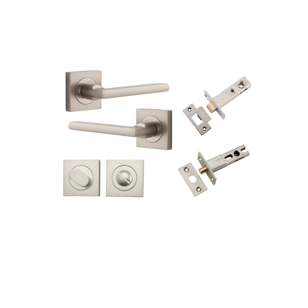 Door Lever Baltimore Square Rose Pair Satin Nickel H52xW52xP55mm Privacy Kit, Tube Latch Split Cam 'T' Striker Satin Nickel Backset 60mm, Privacy Bolt Round Bolt Satin Nickel Backset 60mm, Privacy Turn Oval Concealed Fix Square Satin Nickel H52xW5… in Satin Nickel