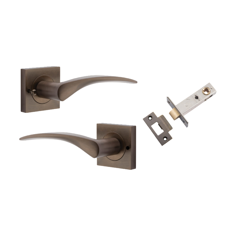 Door Lever Oxford Square Rose Inbuilt Privacy Pair Signature Brass H52xW52xP60mm with Tube Latch Privacy with Faceplate & T Striker Backset 60mm in Signature Brass