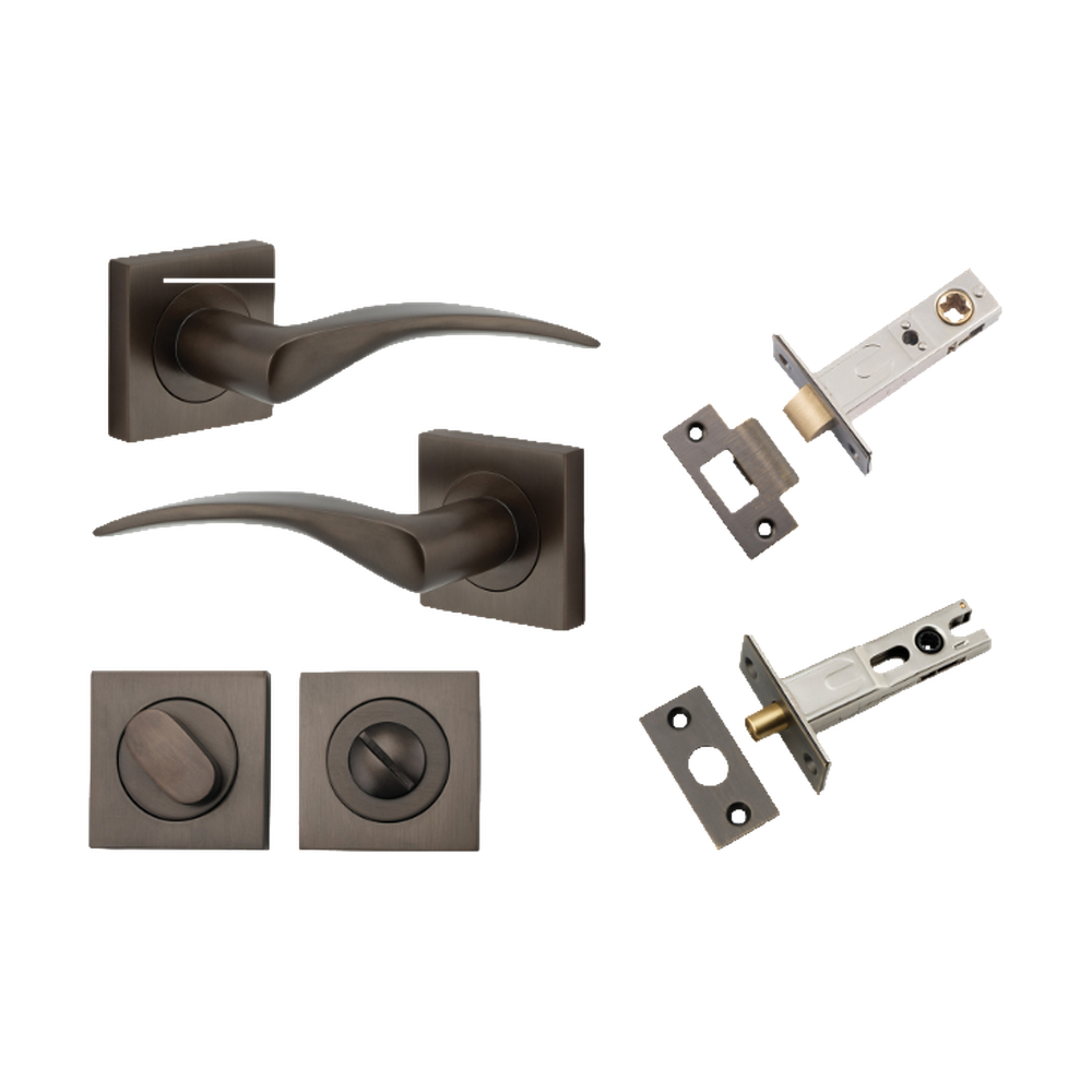 Door Lever Oxford Square Rose Pair Signature Brass H52xW52xP60mm Privacy Kit, Tube Latch Split Cam 'T' Striker Signature Brass Backset 60mm, Privacy Bolt Round Bolt Signature Brass Backset 60mm, Privacy Turn Oval Concealed Fix Square Signature Bra… in Signature Brass