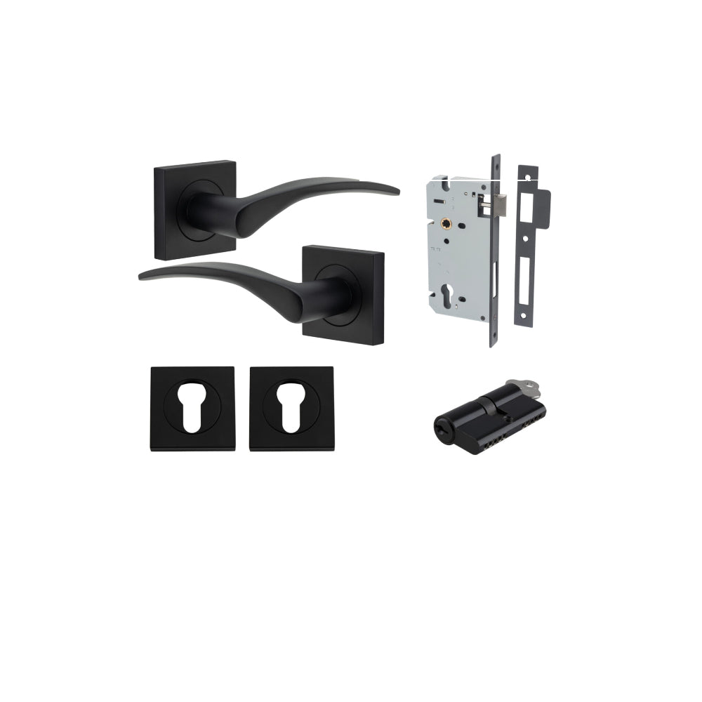 Door Lever Oxford Square Rose Pair Matt Black H52xW52xP60mm Entrance Kit, Mortice Lock Euro Matt Black CTC85mm Backset 60mm, Euro Cylinder Dual Function 5 Pin Matt Black L65mm KA1, Escutcheon Euro Concealed Fix Square Pair Matt Black H52xW52xP10mm in Matt Black