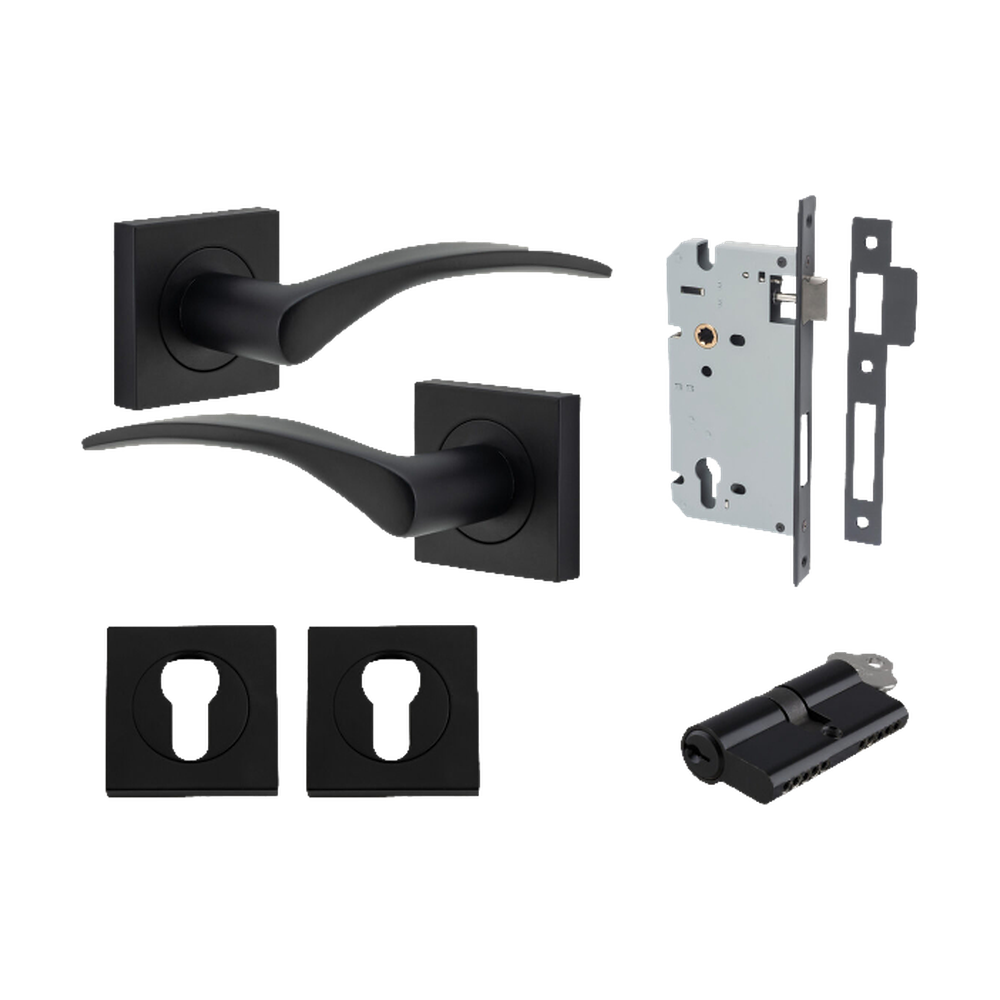 Door Lever Oxford Square Rose Pair Matt Black H52xW52xP60mm Entrance Kit, Mortice Lock Euro Matt Black CTC85mm Backset 60mm, Euro Cylinder Dual Function 5 Pin Matt Black L65mm KA1, Escutcheon Euro Concealed Fix Square Pair Matt Black H52xW52xP10mm in Matt Black