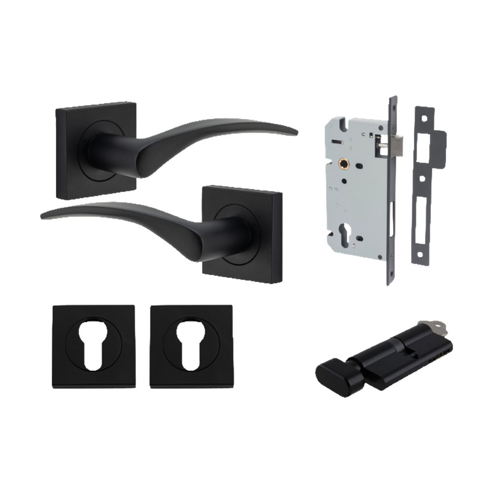 Door Lever Oxford Square Rose Pair Matt Black H52xW52xP60mm Entrance Kit, Mortice Lock Euro Matt Black CTC85mm Backset 60mm, Euro Cylinder Key Thumb 6 Pin Matt Black L70mm KA1, Escutcheon Euro Concealed Fix Square Pair Matt Black H52xW52xP10mm in Matt Black