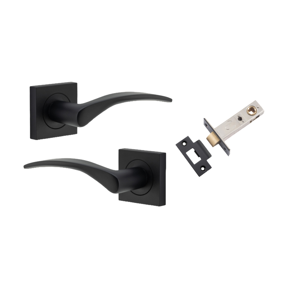 Door Lever Oxford Square Rose Pair Matt Black H52xW52xP60mm Passage Kit, Tube Latch Split Cam 'T' Striker Matt Black Backset 60mm in Matt Black