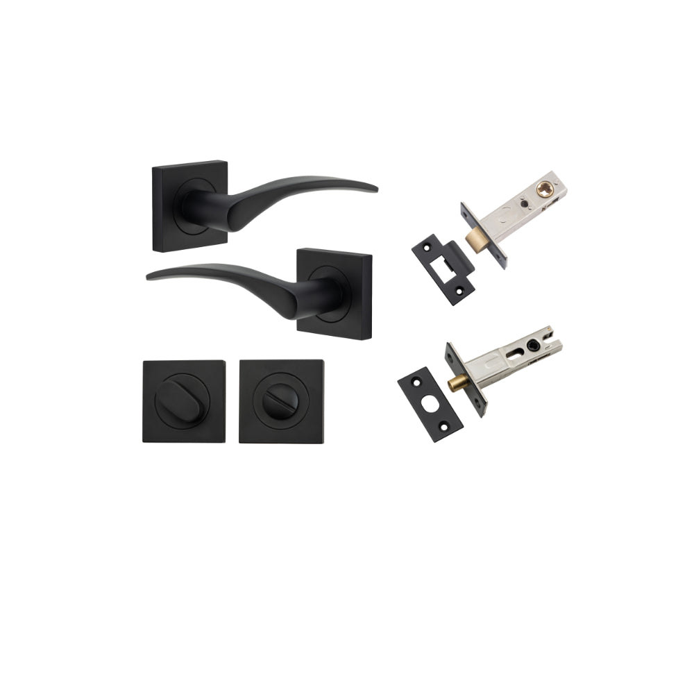 Door Lever Oxford Square Rose Pair Matt Black H52xW52xP60mm Privacy Kit, Tube Latch Split Cam 'T' Striker Matt Black Backset 60mm, Privacy Bolt Round Bolt Matt Black Backset 60mm, Privacy Turn Oval Concealed Fix Square Matt Black H52xW52xP23mm in Matt Black