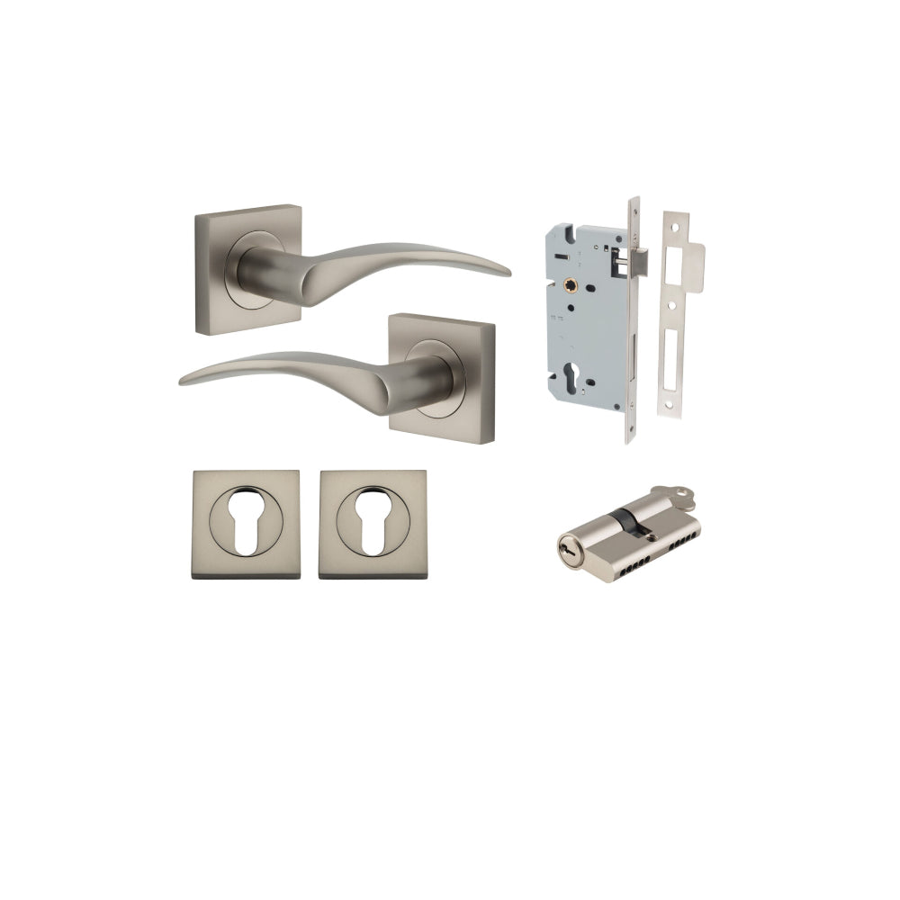 Door Lever Oxford Square Rose Pair Satin Nickel H52xW52xP60mm Entrance Kit, Mortice Lock Euro Satin Nickel CTC85mm Backset 60mm, Euro Cylinder Dual Function 5 Pin Satin Nickel L65mm KA1, Escutcheon Euro Concealed Fix Square Pair Satin Nickel H52xW… in Satin Nickel