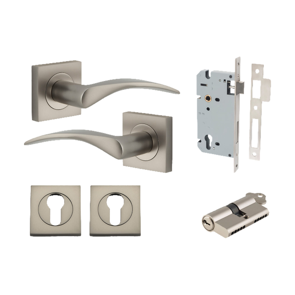 Door Lever Oxford Square Rose Pair Satin Nickel H52xW52xP60mm Entrance Kit, Mortice Lock Euro Satin Nickel CTC85mm Backset 60mm, Euro Cylinder Dual Function 5 Pin Satin Nickel L65mm KA1, Escutcheon Euro Concealed Fix Square Pair Satin Nickel H52xW… in Satin Nickel