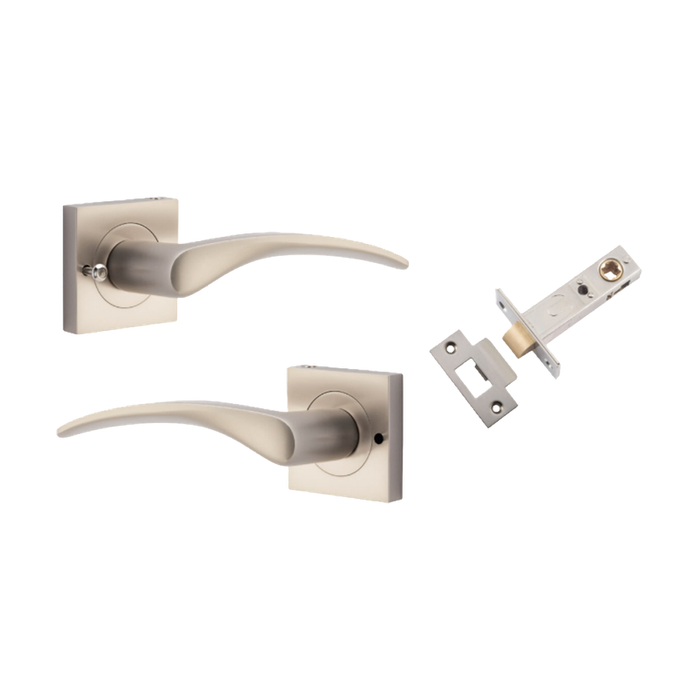 Door Lever Oxford Square Rose Inbuilt Privacy Pair Satin Nickel H52xW52xP60mm with Tube Latch Privacy with Faceplate & T Striker Backset 60mm in Satin Nickel