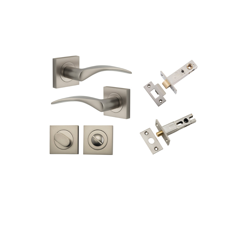 Door Lever Oxford Square Rose Pair Satin Nickel H52xW52xP60mm Privacy Kit, Tube Latch Split Cam 'T' Striker Satin Nickel Backset 60mm, Privacy Bolt Round Bolt Satin Nickel Backset 60mm, Privacy Turn Oval Concealed Fix Square Satin Nickel H52xW52xP… in Satin Nickel