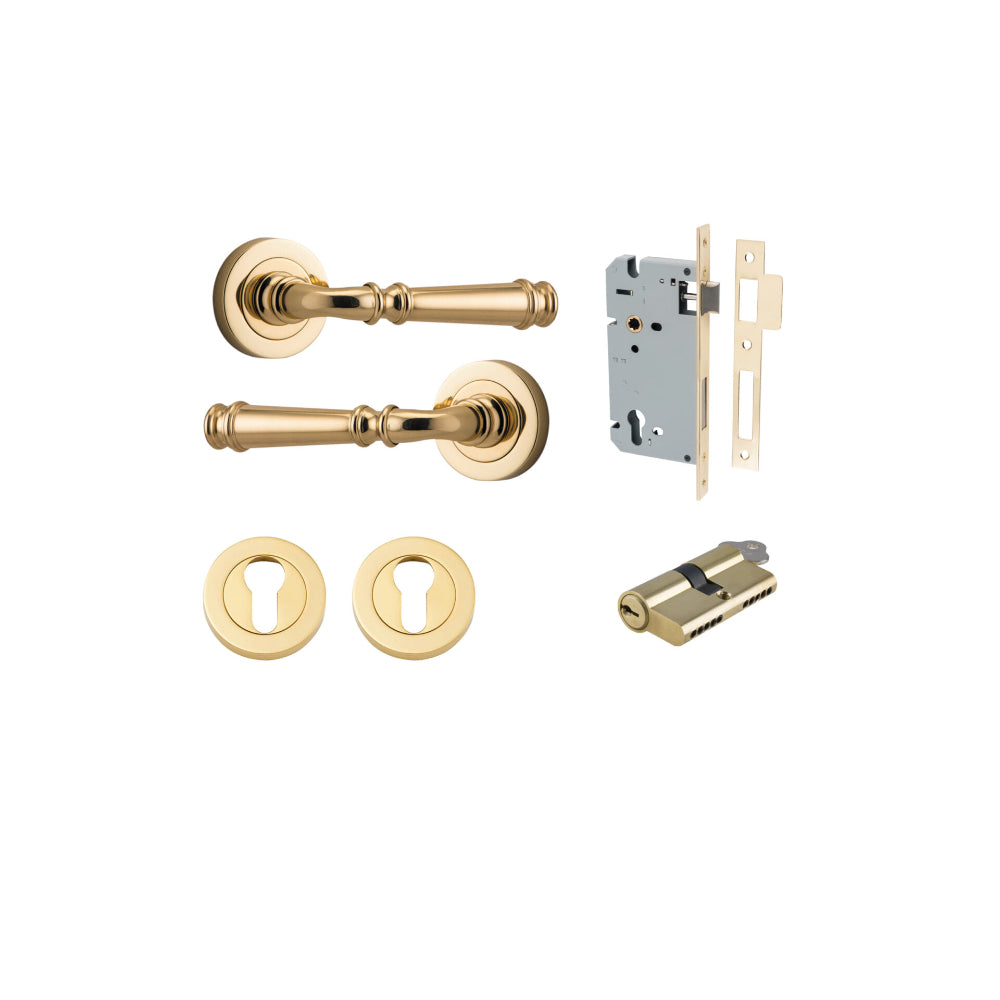 Door Lever Verona Round Rose Pair Polished Brass D52xP59mm Entrance Kit, Mortice Lock Euro Polished Brass CTC85mm Backset 60mm, Euro Cylinder Dual Function 5 Pin Polished Brass L65mm KA1, Escutcheon Euro Concealed Fix Round Pair Polished Brass D52… in Polished Brass