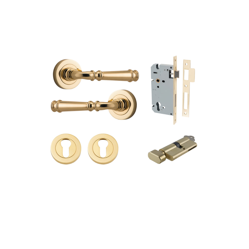 Door Lever Verona Round Rose Pair Polished Brass D52xP59mm Entrance Kit, Mortice Lock Euro Polished Brass CTC85mm Backset 60mm, Euro Cylinder Key Thumb 6 Pin Polished Brass L70mm KA1, Escutcheon Euro Concealed Fix Round Pair Polished Brass D52xP10mm in Polished Brass