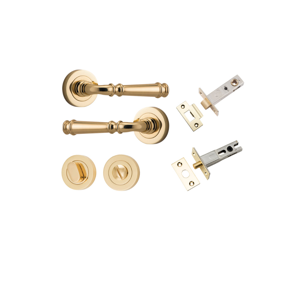 Door Lever Verona Round Rose Pair Polished Brass D52xP59mm Privacy Kit, Tube Latch Split Cam 'T' Striker Polished Brass Backset 60mm, Privacy Bolt Round Bolt Polished Brass Backset 60mm, Privacy Turn Oval Concealed Fix Round Polished Brass D52xP23mm in Polished Brass