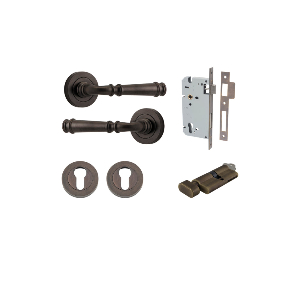 Door Lever Verona Round Rose Pair Signature Brass D52xP59mm Entrance Kit, Mortice Lock Euro Signature Brass CTC85mm Backset 60mm, Euro Cylinder Key Thumb 6 Pin Signature Brass L70mm KA1, Escutcheon Euro Concealed Fix Round Pair Signature Brass D52… in Signature Brass