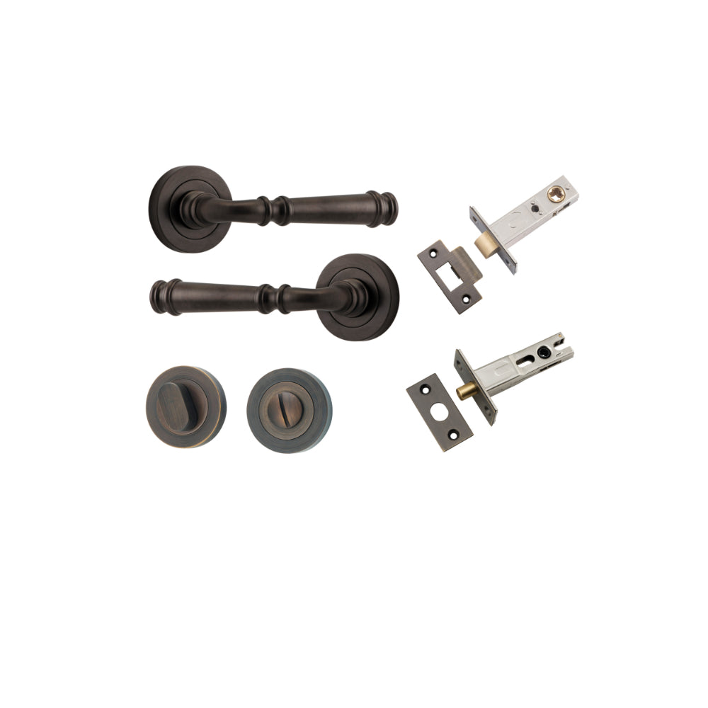 Door Lever Verona Round Rose Pair Signature Brass D52xP59mm Privacy Kit, Tube Latch Split Cam 'T' Striker Signature Brass Backset 60mm, Privacy Bolt Round Bolt Signature Brass Backset 60mm, Privacy Turn Oval Concealed Fix Round Signature Brass D52… in Signature Brass