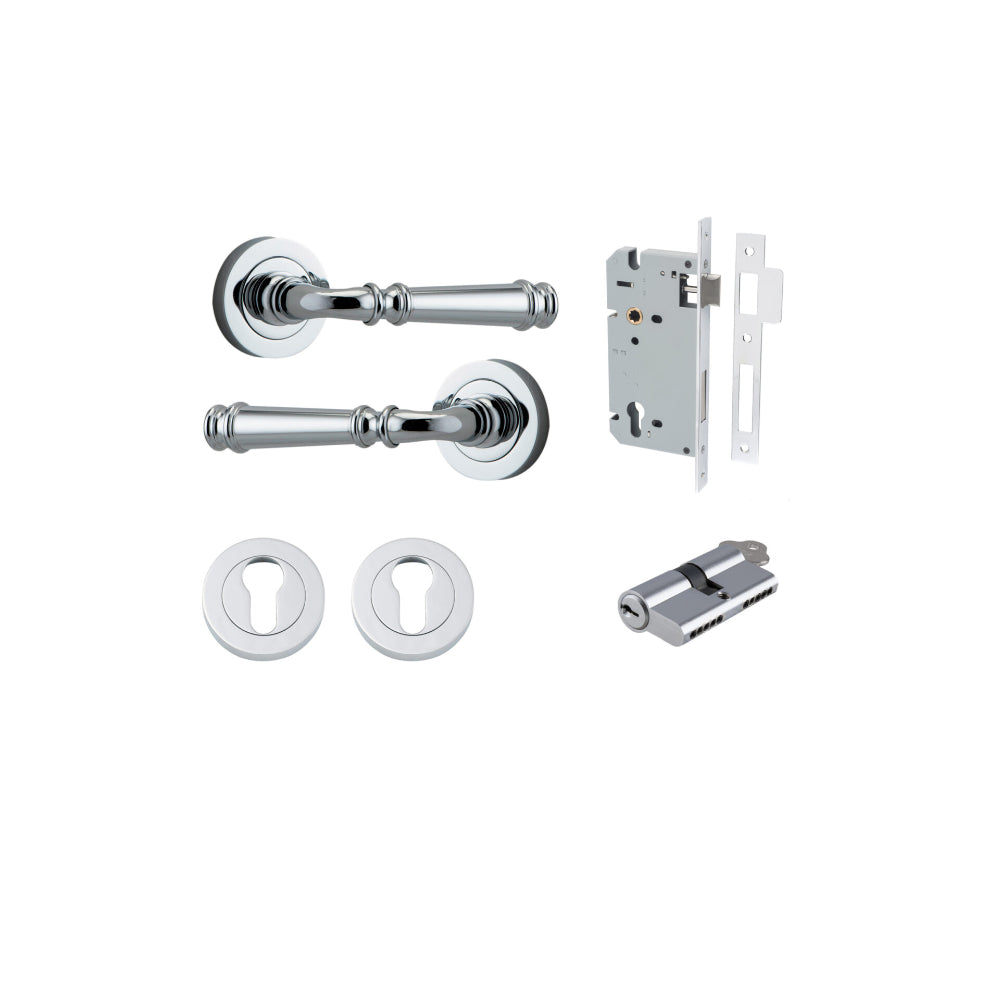 Door Lever Verona Round Rose Pair Polished Chrome D52xP59mm Entrance Kit, Mortice Lock Euro Polished Chrome CTC85mm Backset 60mm, Euro Cylinder Dual Function 5 Pin Polished Chrome L65mm KA1, Escutcheon Euro Concealed Fix Round Pair Polished Chrome… in Polished Chrome