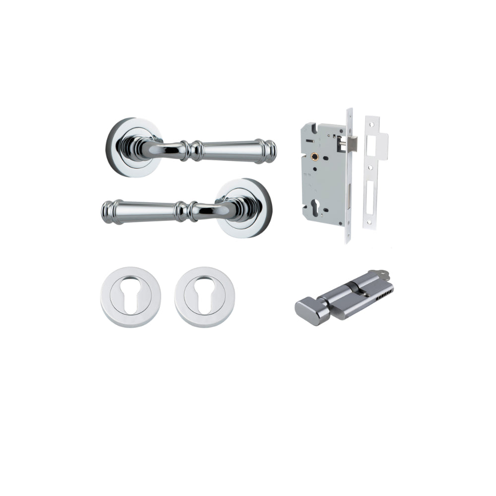 Door Lever Verona Round Rose Pair Polished Chrome D52xP59mm Entrance Kit, Mortice Lock Euro Polished Chrome CTC85mm Backset 60mm, Euro Cylinder Key Thumb 6 Pin Polished Chrome L70mm KA1, Escutcheon Euro Concealed Fix Round Pair Polished Chrome D52… in Polished Chrome