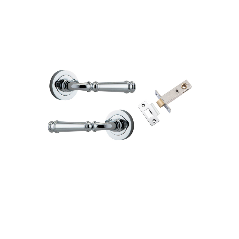 Door Lever Verona Round Rose Pair Polished Chrome D52xP59mm Passage Kit, Tube Latch Split Cam 'T' Striker Polished Chrome Backset 60mm in Polished Chrome