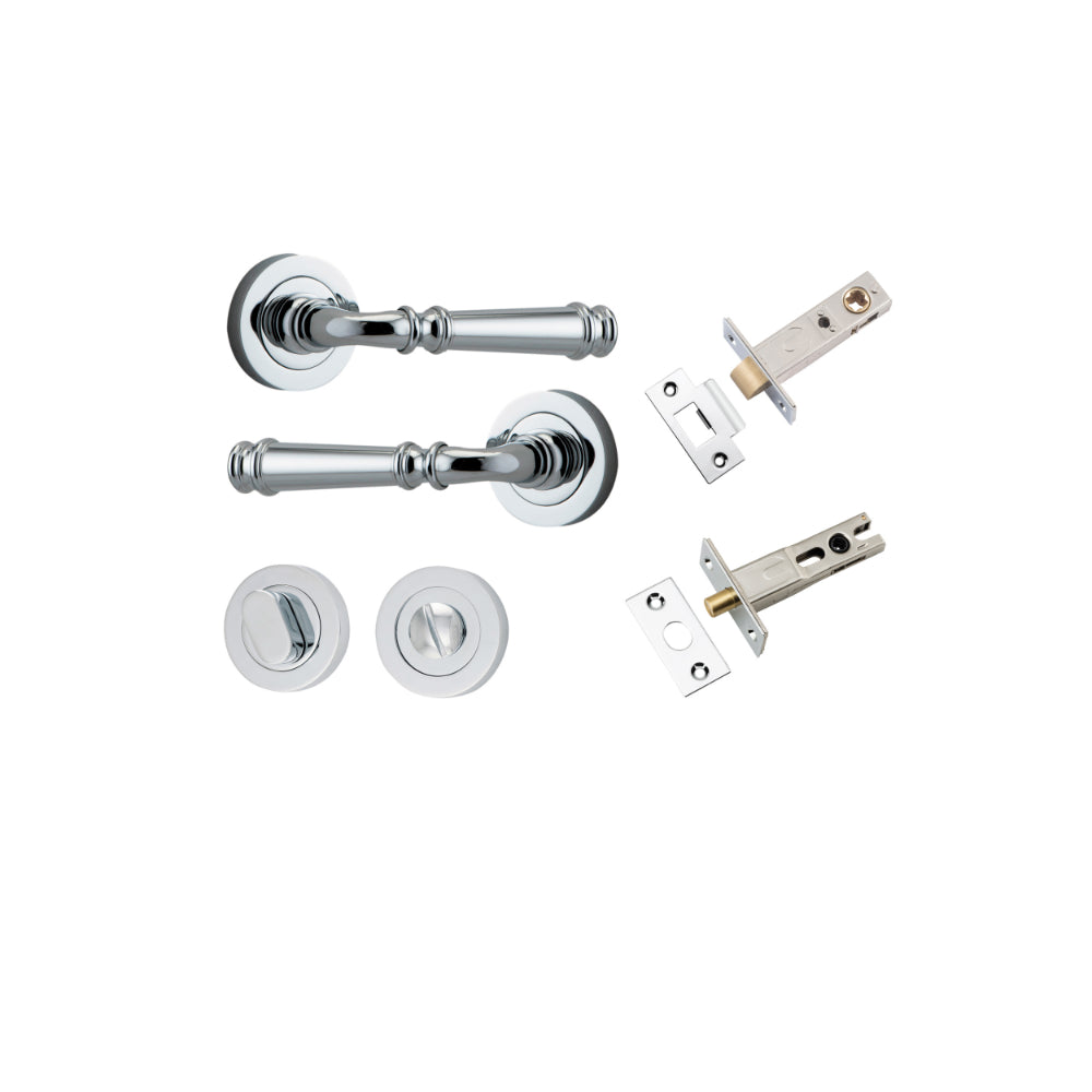 Door Lever Verona Round Rose Pair Polished Chrome D52xP59mm Privacy Kit, Tube Latch Split Cam 'T' Striker Polished Chrome Backset 60mm, Privacy Bolt Round Bolt Polished Chrome Backset 60mm, Privacy Turn Oval Concealed Fix Round Polished Chrome D52… in Polished Chrome