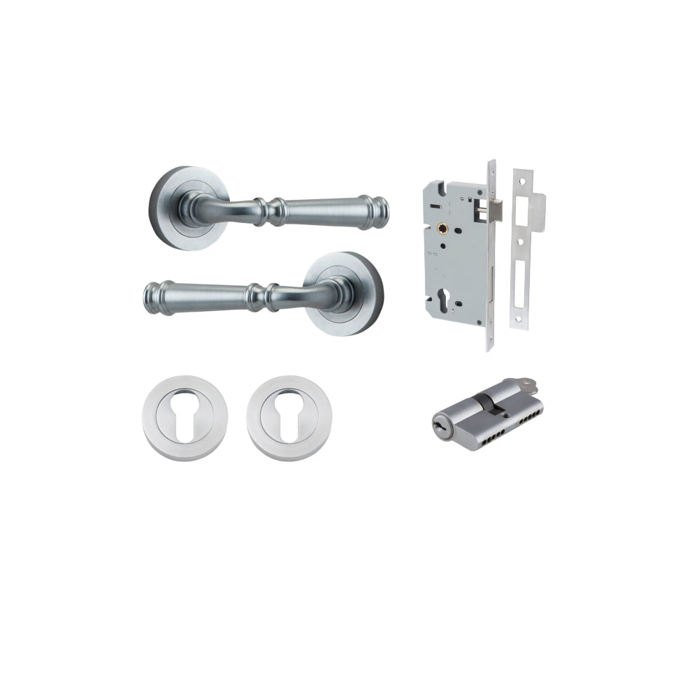 Door Lever Verona Round Rose Pair Brushed Chrome D52xP59mm Entrance Kit, Mortice Lock Euro Brushed Chrome CTC85mm Backset 60mm, Euro Cylinder Dual Function 5 Pin Brushed Chrome L65mm KA1, Escutcheon Euro Concealed Fix Round Pair Brushed Chrome D52… in Brushed Chrome
