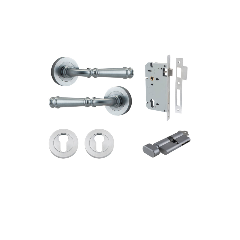Door Lever Verona Round Rose Pair Brushed Chrome D52xP59mm Entrance Kit, Mortice Lock Euro Brushed Chrome CTC85mm Backset 60mm, Euro Cylinder Key Thumb 6 Pin Brushed Chrome L70mm KA1, Escutcheon Euro Concealed Fix Round Pair Brushed Chrome D52xP10mm in Brushed Chrome
