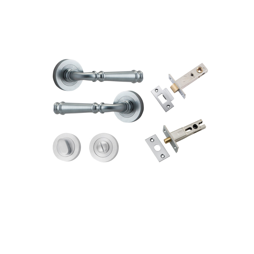 Door Lever Verona Round Rose Pair Brushed Chrome D52xP59mm Privacy Kit, Tube Latch Split Cam 'T' Striker Brushed Chrome Backset 60mm, Privacy Bolt Round Bolt Brushed Chrome Backset 60mm, Privacy Turn Oval Concealed Fix Round Brushed Chrome D52xP23mm in Brushed Chrome