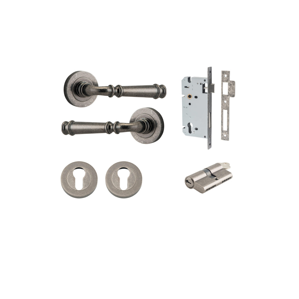 Door Lever Verona Round Rose Pair Distressed Nickel D52xP59mm Entrance Kit, Mortice Lock Euro Distressed Nickel CTC85mm Backset 60mm, Euro Cylinder Dual Function 5 Pin Distressed Nickel L65mm KA1, Escutcheon Euro Concealed Fix Round Pair Distresse… in Distressed Nickel