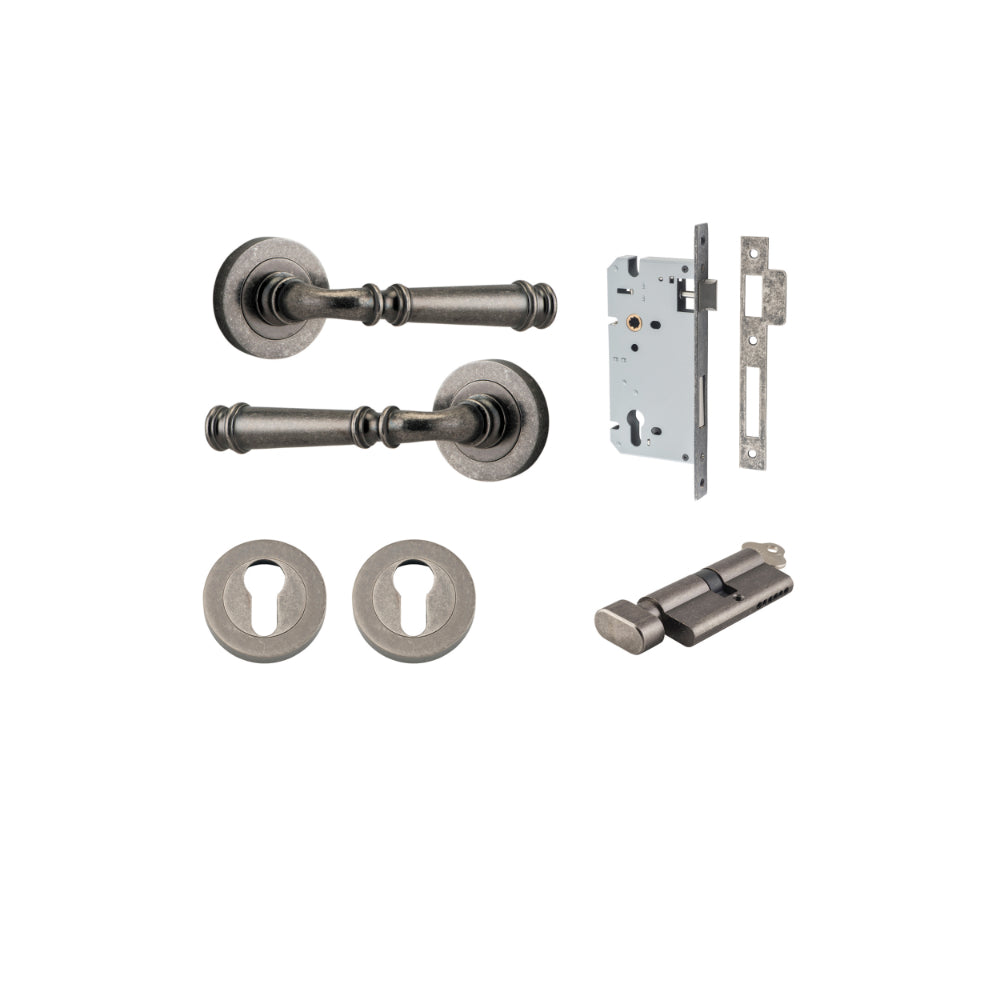 Door Lever Verona Round Rose Pair Distressed Nickel D52xP59mm Entrance Kit, Mortice Lock Euro Distressed Nickel CTC85mm Backset 60mm, Euro Cylinder Key Thumb 6 Pin Distressed Nickel L70mm KA1, Escutcheon Euro Concealed Fix Round Pair Distressed Ni… in Distressed Nickel